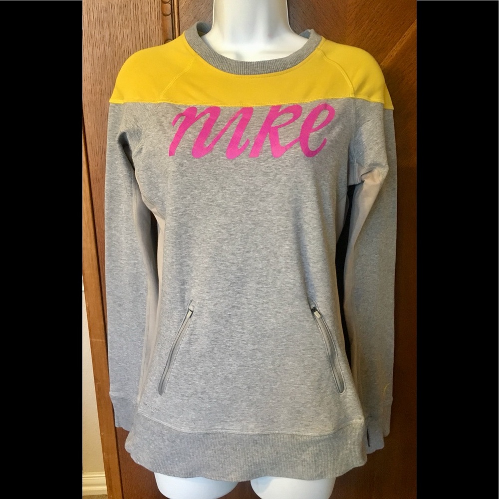 Nike gray, pink, & yellow crew neck sweatshirt.
